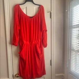 Women's Red-Orange Scoop Neck Casual Dress with Pockets